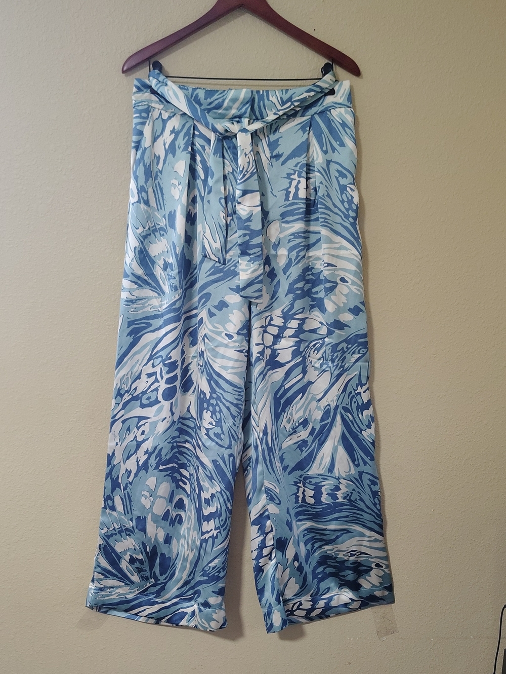 House of Harlow 1960 Satin Watercolor Swirl Tie Waist Wide Leg Pants Size L Boho
